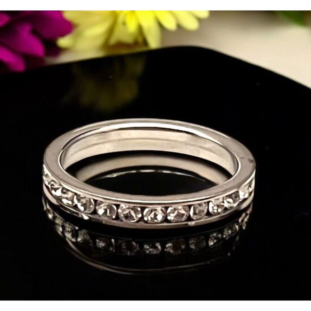 New Boutique Silver Ring Size 6.5 Stackable Band Clear Crystals - 2P